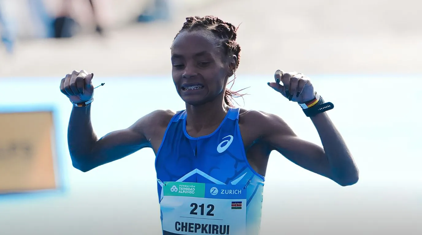 Sheila Chepkirui at the finish line of the 2026 Valencia Half Marathon.